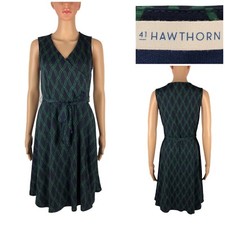 41Hawthorn Womens Medium Blue Print Knit Sleeveless Faux Wrap Dress Lined EUC