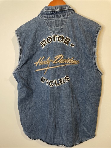 Harley Davidson Mens Sz L Denim Sleeveless Bttn Up Vest Cotton Embroidered - Picture 5 of 16