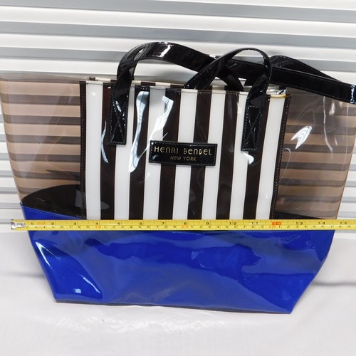 HENRI BENDEL BLUE BOTTOM AND BROWN STRIPES PVC TOTE BAG - Picture 7 of 11