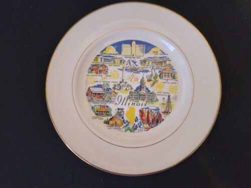Vintage ILLINOIS Souvenir Plate  10 1/4” Gold Trim - Picture 1 of 6