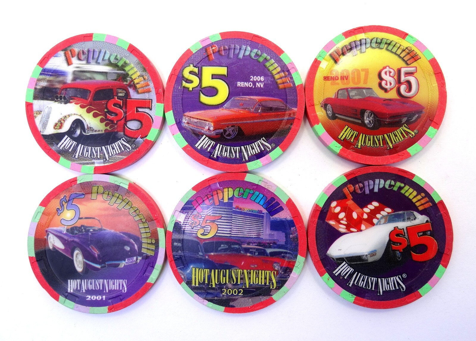 6 PEPPERMILL HOT AUGUST NIGHTS 2001 2002 2003 2005 2006 2007 5 RENO CASINO CHIP eBay