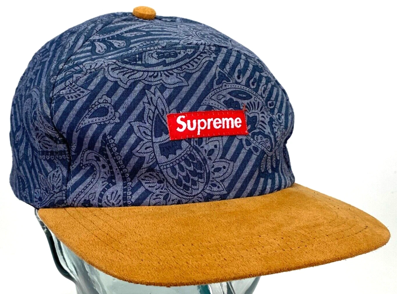 Chapeau Supreme 5 panneaux   bleu cachemire   faux daim Bill   patch rouge   snapback
