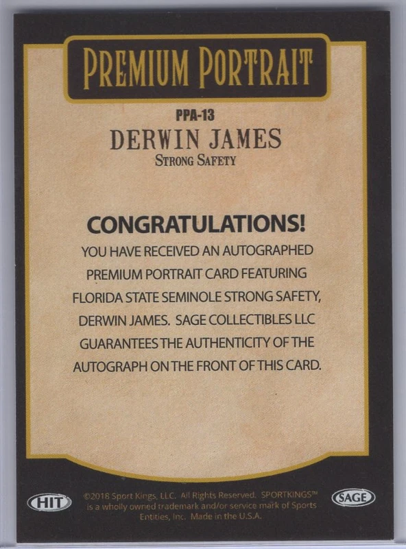 2018 Sage HIT # PPA-13 DERWIN JAMES Premium Portrait Rookie Autograph Chargers - Image 2 of 2