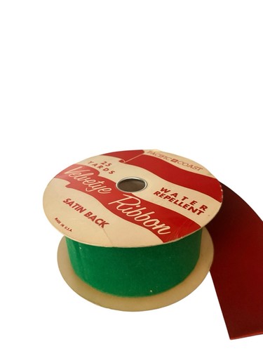 Vintage Velvet Green Ribbon Spool Red Satin Back Huge Kitschy Christmas Decor - Afbeelding 14 van 20