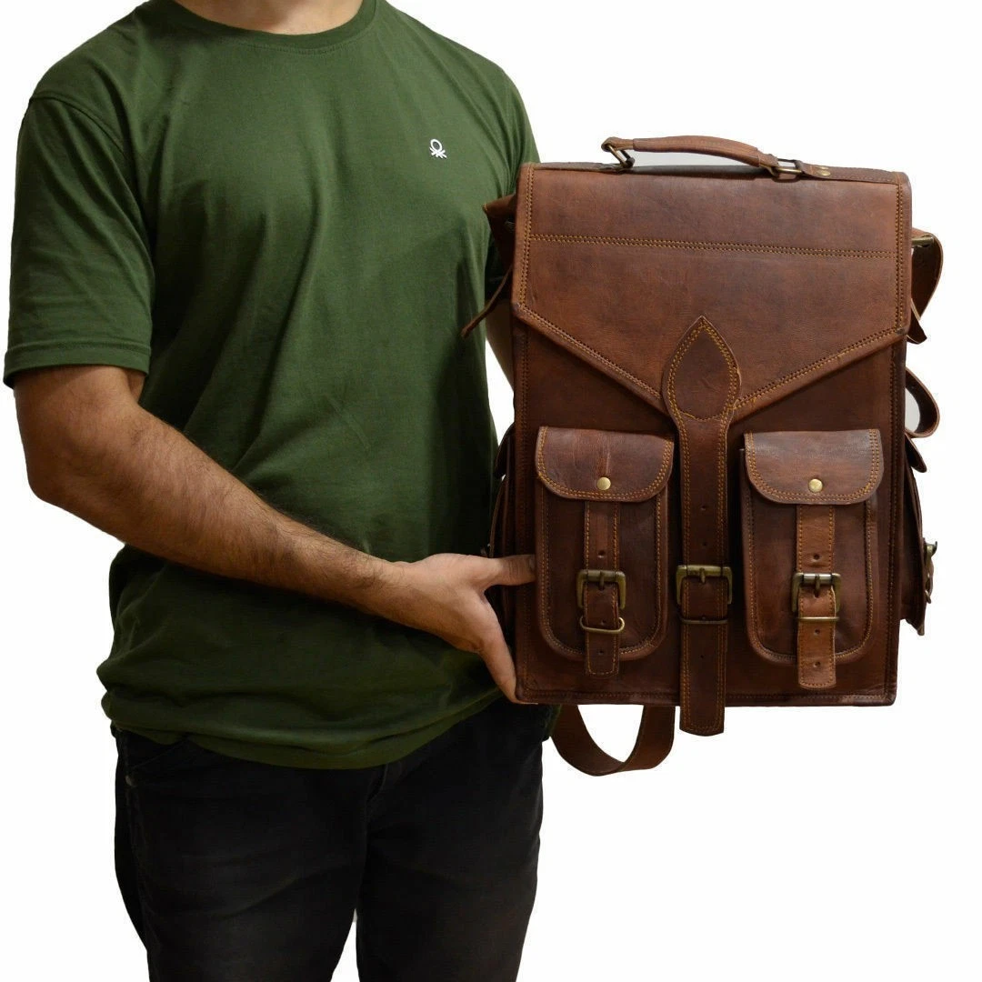Leather Bag Backpack Genuine Laptop Rucksack Travel Vintage Men's Goat Brown 18"