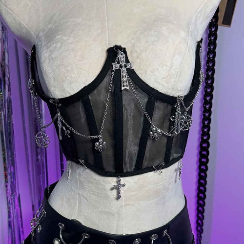 Y2K Halter Camisole TOPS Goth Cummerbunds Cross Punk Rock Emo Pin Fairy Grunge - Picture 8 of 12
