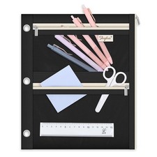 SKYDUE Large Pencil Pouch for 3 Ring Binder, 3 Pockets and Clear Window Black