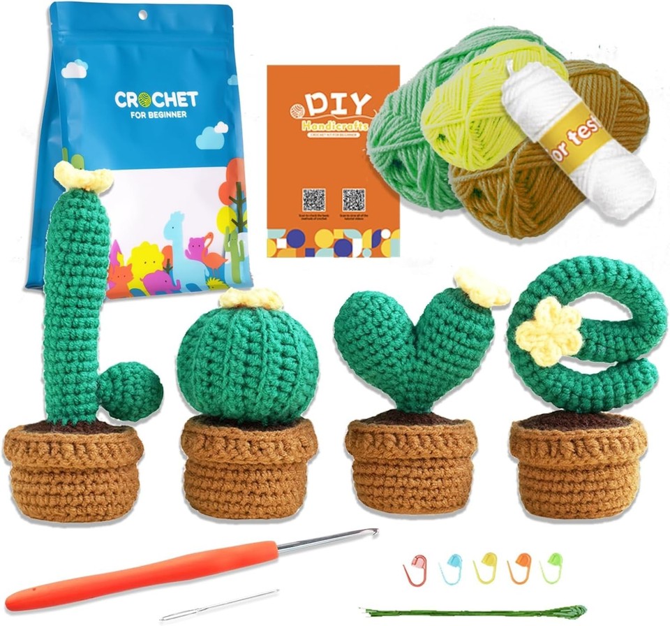 DIY Crochet Cactus Kit for Beginners Handmade Yarn Flower Bouquet with ...