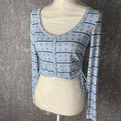 PAC Cares Women s Medium Blue Floral Button Front Crop Top Y2K Cottagecore Ties