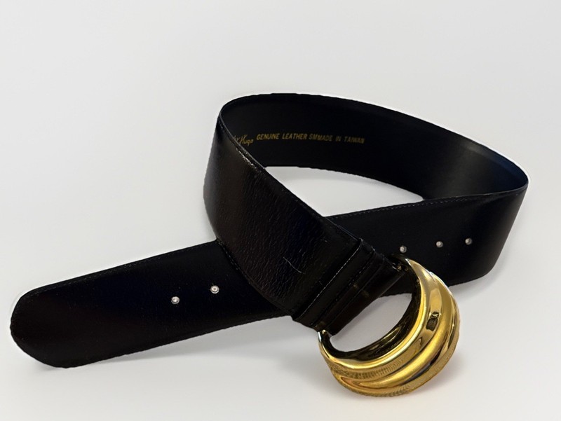 Vintage Fashions By Hugo Black Genuine Leather Wide Belt Gold Buckle S small