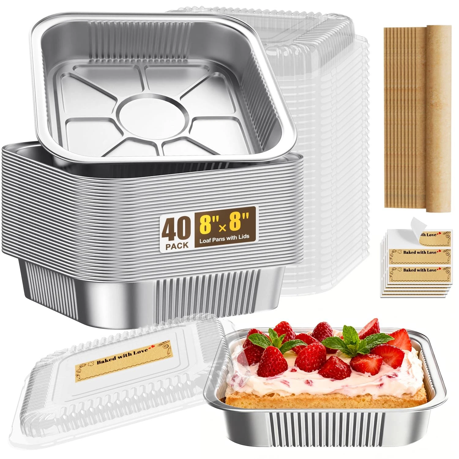 40 Pack Disposable Aluminum Foil Loaf Pans with Lids Stickers and Parchment P...