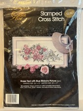 Golden Bee Stamped Cross Stitch Kit Roses Tied with Blue Ribbons 20412