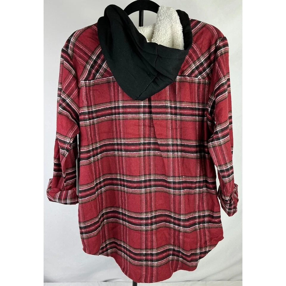 Camisa de Franela con Capucha Colección a Cuadros CiSono Roja Negra Lilabeth Med Sherpa Capucha Foto 2 de 4