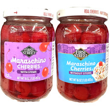 First Street Maraschino Cherries – With Stems or Without Stems – 16oz (1 LB) Jar