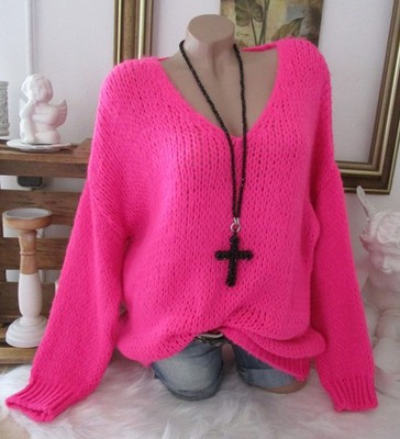 Italy Warme Kuschel Strick Pullover Grob Pulli Neon-Pink Einheitsgrösse 36 38