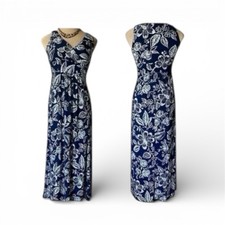 Chaps Maxi Dress Womens Large Navy Blue Floral Faux Wrap V-Neck Sleeveless