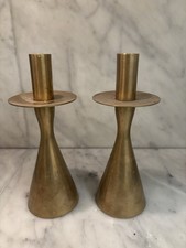 Vintage Brass Hourglass Candlesticks Pair MCM Danish Modern Taper Candle Holders