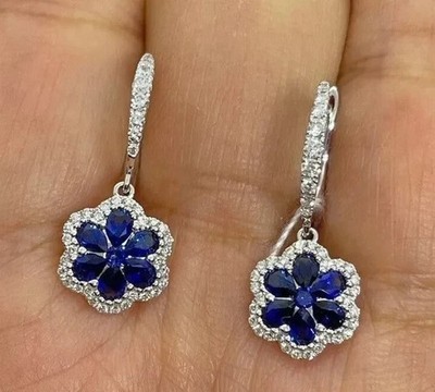 2Ct Pear Cut Lab-Created Blue Sapphire Drop/Dangle Earring 14K White Gold Plated