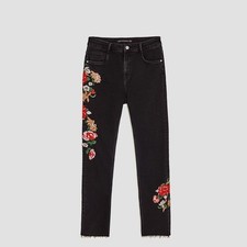 ZARA Trafaluc Denimwear TRF Women's Black Jeans Embroidered Floral Size 6 NWT