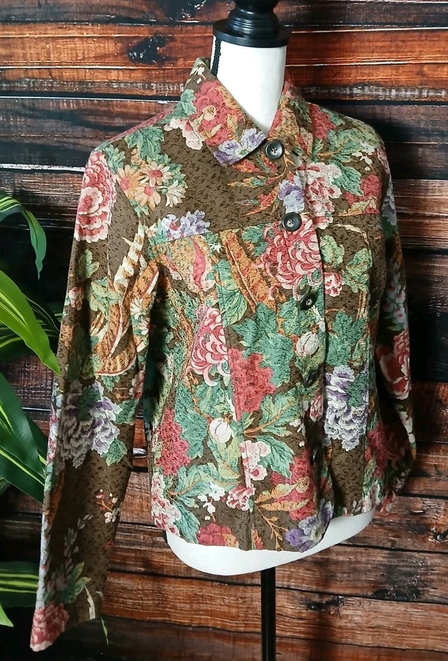 Jaqueta Coldwater Creek Vintage M Boho Marrom Floral Tapeçaria Botão Forrado Frontal - Imagem 2 de 4