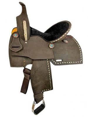 Double T Barrel style saddle with White buckstitch accents 12'', 13''