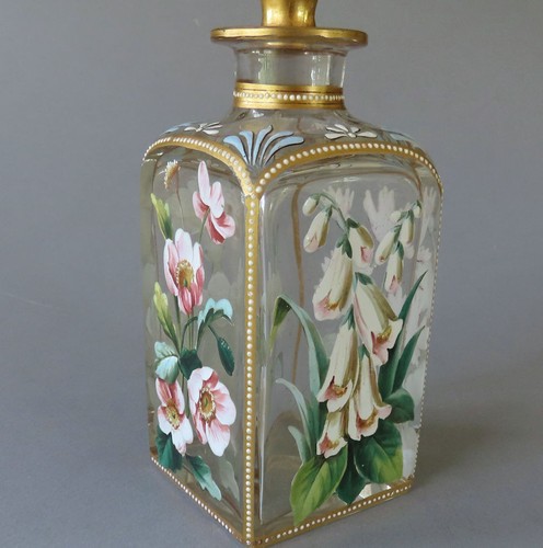 Antike böhmische mundgeblasene Glas DEKANTER glänzend HP Emaille BLUMEN VERGOLDETER Rand MOSER