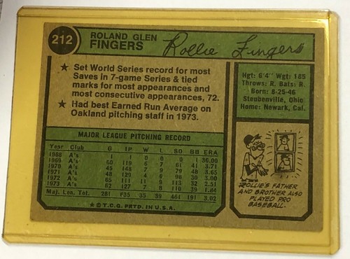 1974 Topps Oakland Athletics A's Rollie Fingers card #212 - Picture 2 of 2