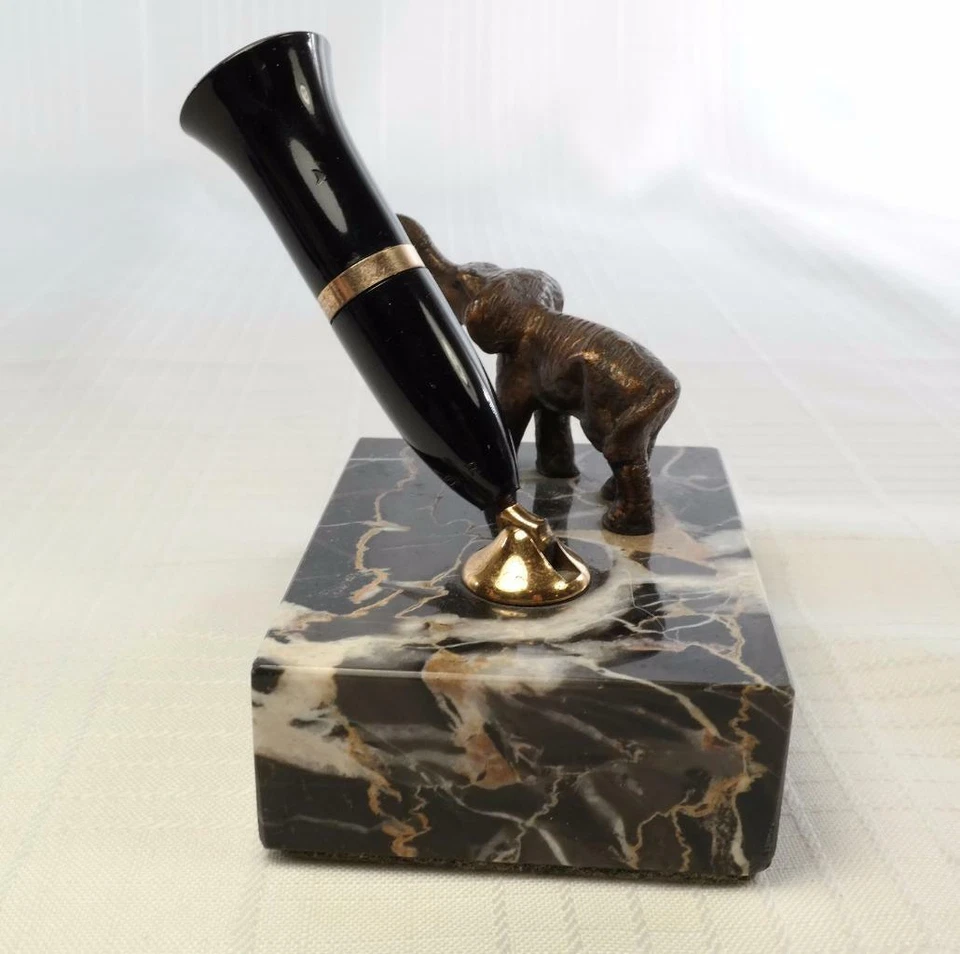 Base de pluma de escritorio Sheaffer de mármol negro de colección años 30 para pluma estilográfica elefante de bronce Foto 4 de 4