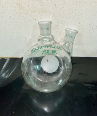 Chemglass 250mL Two-Neck HW Round Bottom Glass Flask (14/20) - Excellent Cond.