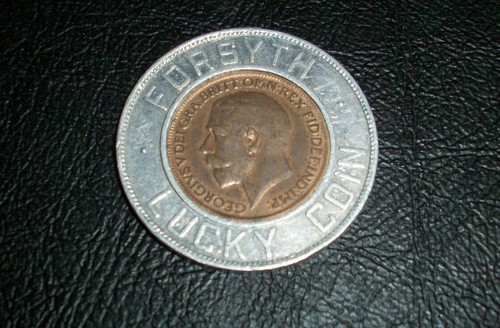 1917 ENCASED BRITISH FARTHING FORSYTH LUCKY COIN KITCHENER ONT ADVERTISING AU+