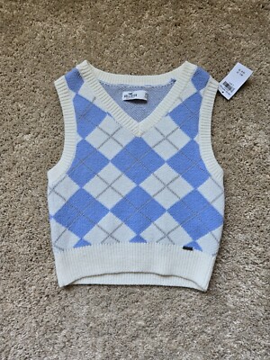 Hollister crop sweater vest preppy academia blue argyle junior XS