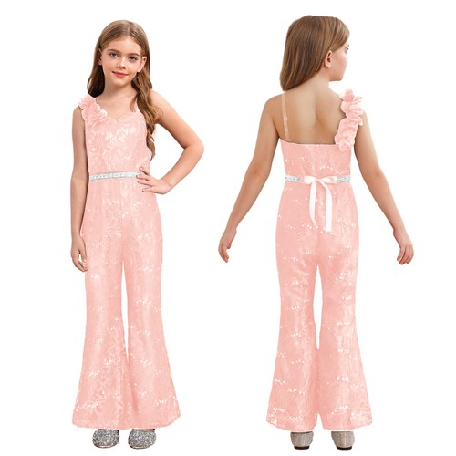 Girls One Shoulder Jumpsuit Sequin Sleeveless Flare Leg Long Romper High Waist - Picture 30 of 74