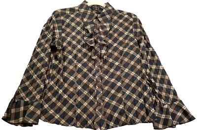 NOTATIONS Button Up Shirt Women Medium Petite PM Brown Blue Plaid Ruffles Blouse