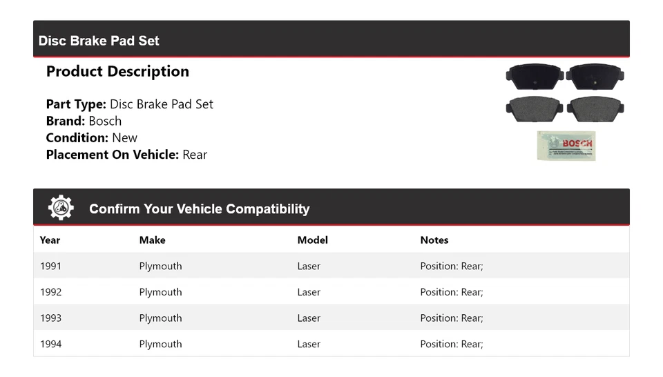 Pastillas de freno traseras de cerámica azul Bosch Plymouth Laser 1991-1994 1992 1993 Foto 2 de 3