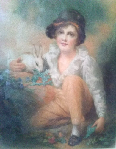 Elizabeth Gulland Signed Antique Mezzotint Framed Art Boy With Rabbit