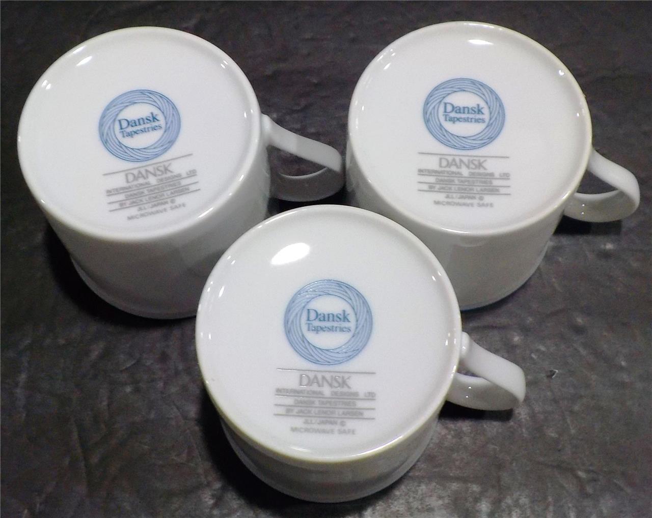 DANSK TAPESTRIES DAMASK BLUE Sugar Bowl, Creamer w/Lid & 3 Cups JAPAN