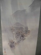 JAPANESE PAINTING HANGING SCROLL JAPAN LANDSCAPE ANTIQUE OLD Rain f940