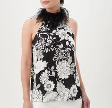 NWT- Trina Turk 'Grand' Feather-Neckline Sleeveless Top, Black/White - Medium