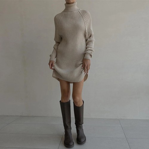 Women's Knitted Cotton Sweater Dress, Thick Knitted Turtleneck Sweater Dress - Picture 33 of 39