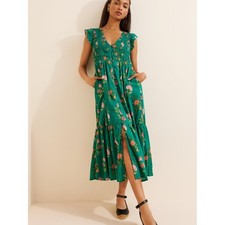 ANTHROPOLOGIE Peregrine Smocked Bodice Midi Dress Green Floral
