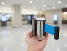 Wall Mount Retractable Belt Barrier Blue Ribbon Stanchion Crowd Control Queue 2m