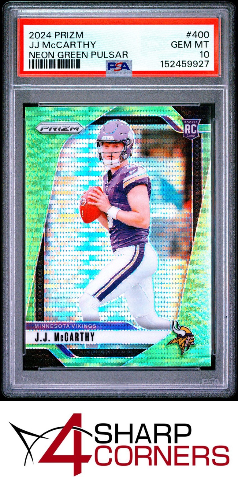 2024 PANINI PRIZM NEON GREEN PULSAR #400 JJ McCARTHY RC VIKINGS PSA 10