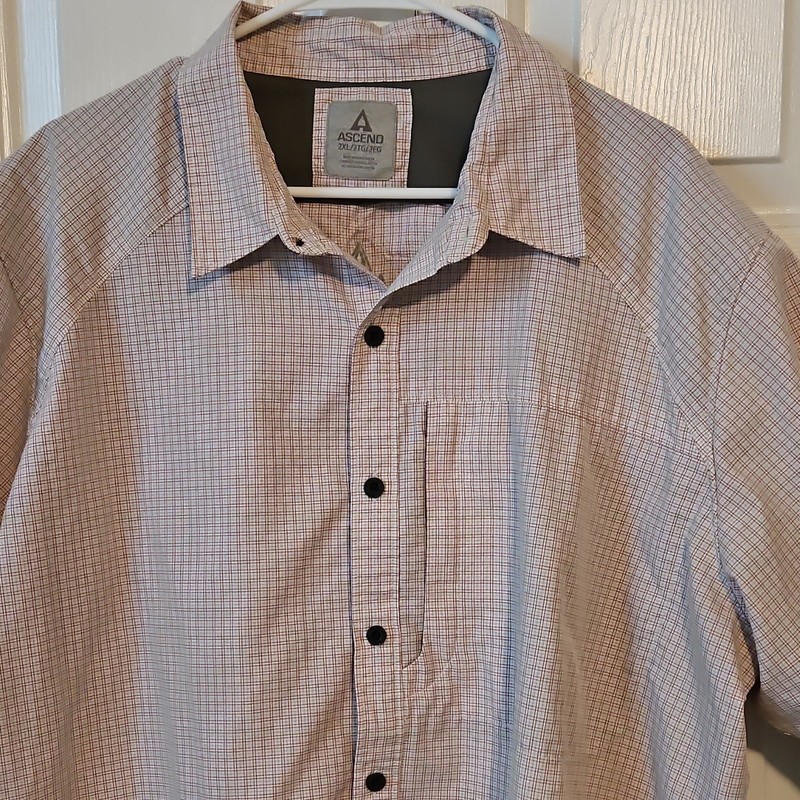 Ascend Men's White/Red Check Button-Up Shirt 2XL Regular Short Sleeve