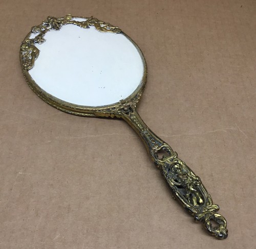 Vtg Ornate Hand Held Brass Beveled Mirror Cherubs 12’’ Vanity Decor………[S4-5]