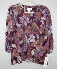 ALFRED DUNNER Women's Plum Floral 3/4 Sleeve Pullover Top Sz Med Necklace NWT