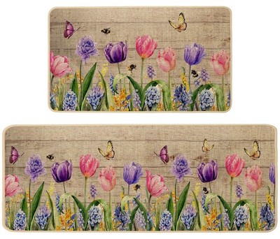 Spring Kitchen Mats Set of 2, Wood Tulip Butterfly Floral Kitchen Rugs for Fl...