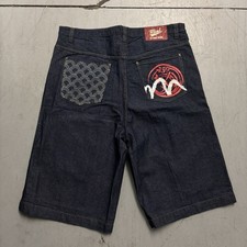 Y2K Mint Embroidered Baggy Hip Hop Skate Core Wide Leg Denim Jean Shorts 42x15