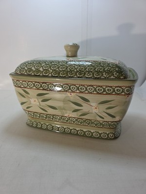 Temp-tations Porcelain Bread Box & Lid Ovenware By Tara OLD WORLD Green. Excelle
