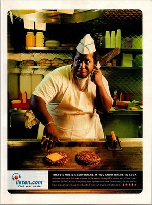 2000   Listen.com  Print Ad   2000s Hip Hop Flipping Burgers CA-42