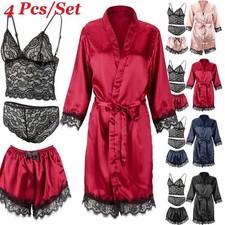 4Pcs Women' Silk Satin Pajamas Set Lingerie Floral Lace Cami Sleepwear with Robe